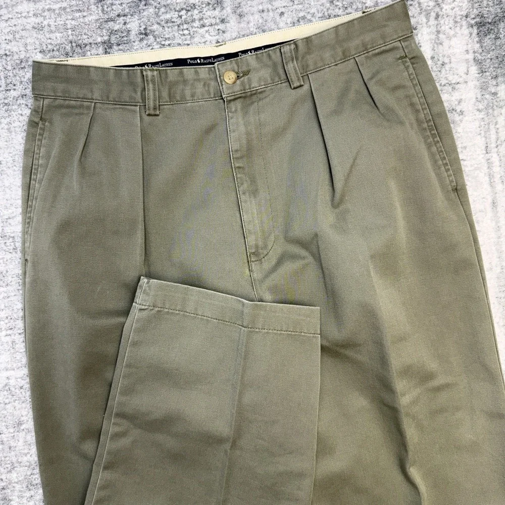 VTG Polo Ralph Pants 33x30 Olive Khaki Double Pleated Trousers High Waist 90s